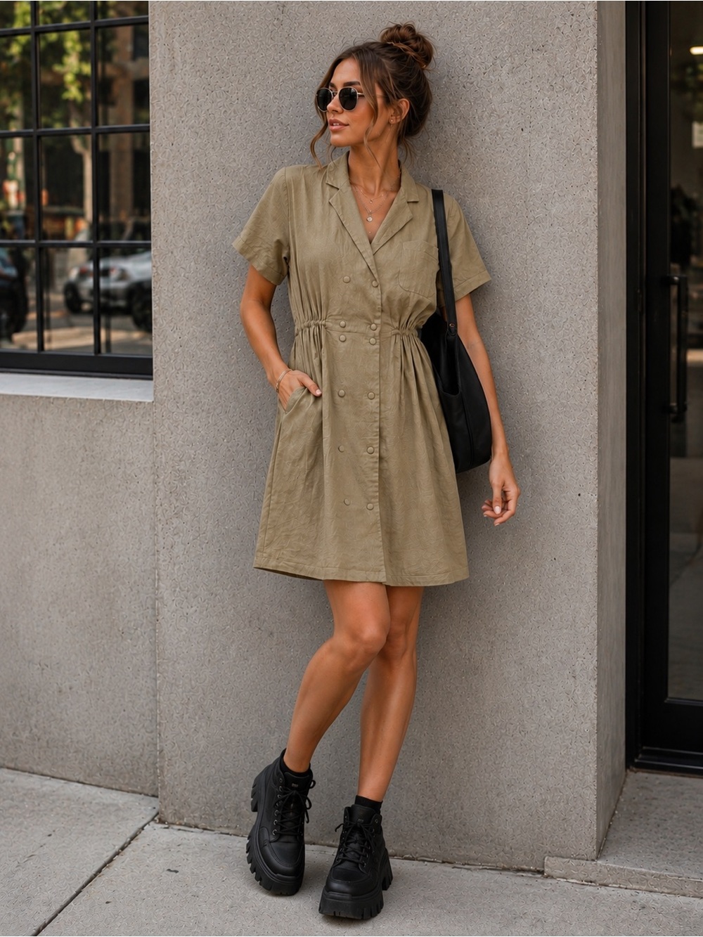 Sculptor Team Khaki Cotton Linen Utility Shirt Dress Small